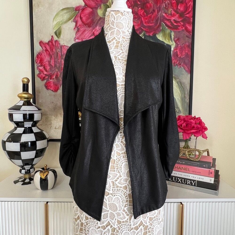 Karen Kane Women's Open Front Ruched Sleeve Faux Leather Jacket Black Medium